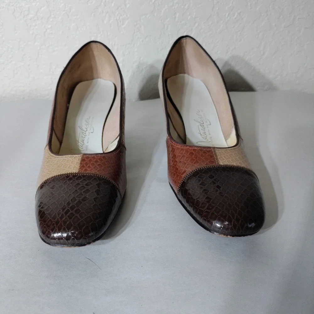 Naturalizer Vintage Patchwork Snakeskin Pumps Brown Tan Cognac Heels 8.5 B/AA